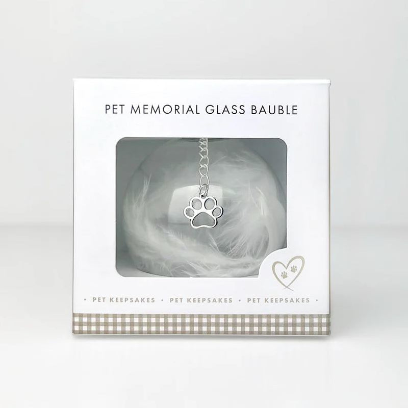 Pet Memorial Feather Filled Glass Bauble With Paw Print Charm